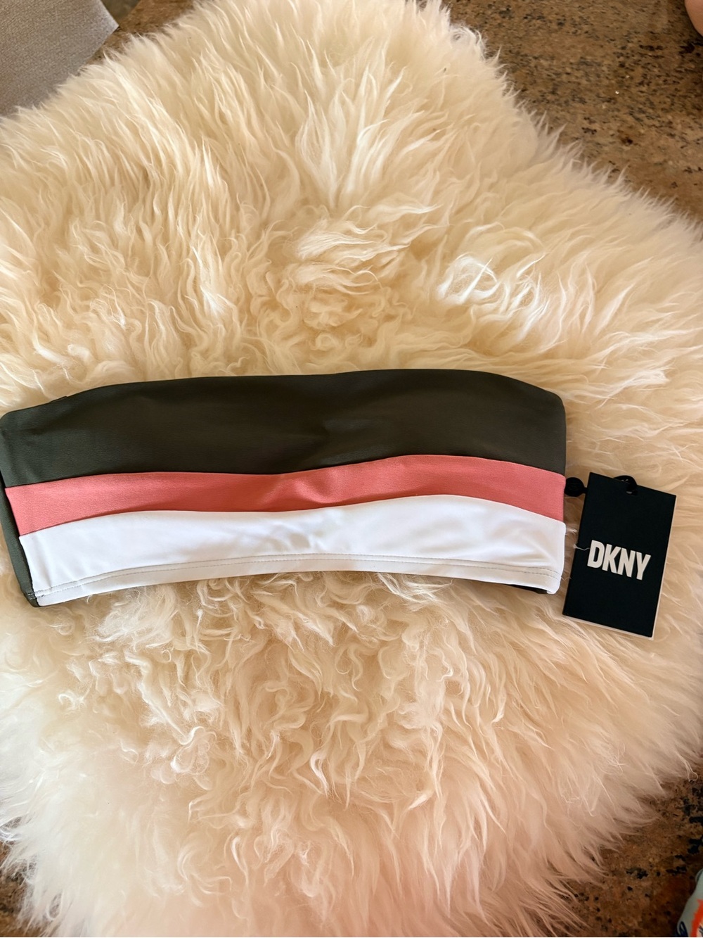 DKNY Olive, Coral & White Strapless Bandeau Bikini Top